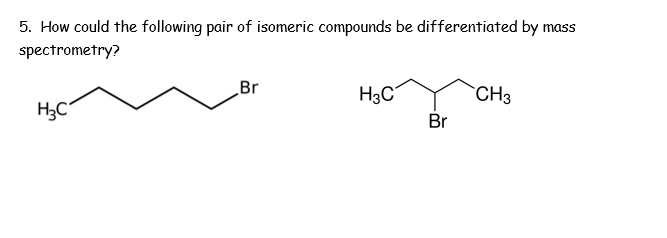 5. How could the following pair of isomeric compounds be differentiated by mass
spectrometry?
Br
H3C
CH3
Br
