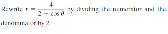 4
Rewrite r =
by dividing the numerator and the
2 + cos 0
denominator by 2.
