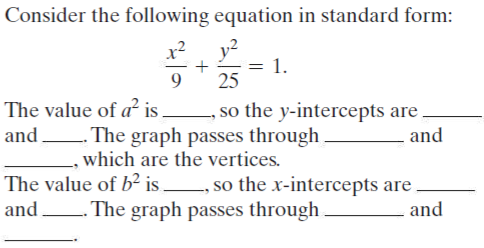 Consider the following equation in standard form:
x²
y2
9
25
The value of a² is
so the y-intercepts are
and
and . The graph passes through.
, which are the vertices.
The value of b² is, so the x-intercepts are .
and.
The graph passes through
- and
