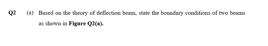 Q2
(a) Based on the theory of deflection beam, state the boundary conditions of two beams
as shown in Figure Q2(a).