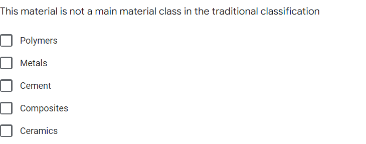 This material is not a main material class in the traditional classification
Polymers
Metals
Cement
Composites
Ceramics

