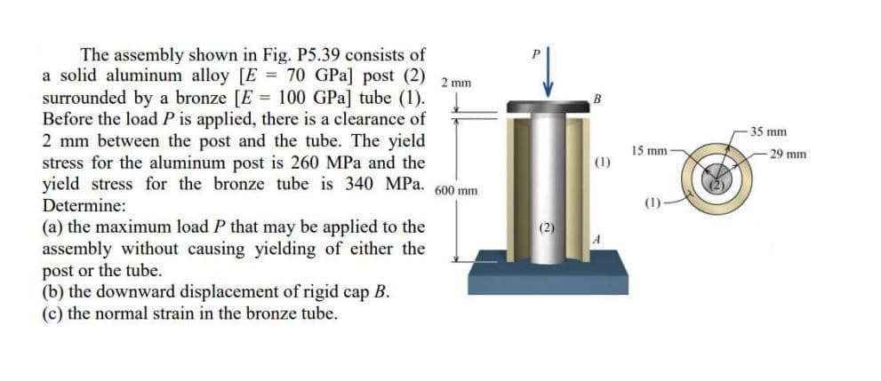The assembly shown in Fig. P5.39 consists of
a solid aluminum alloy [E = 70 GPa] post (2)
surrounded by a bronze [E = 100 GPa] tube (1).
Before the load P is applied, there is a clearance of
2 mm between the post and the tube. The yield
stress for the aluminum post is 260 MPa and the
yield stress for the bronze tube is 340 MPa. 600 mm
2 mm
B
35 mm
15 mm
29 mm
(1)
Determine:
(1)
(a) the maximum load P that may be applied to the
assembly without causing yielding of either the
post or the tube.
(b) the downward displacement of rigid cap B.
(c) the normal strain in the bronze tube.
(2)
