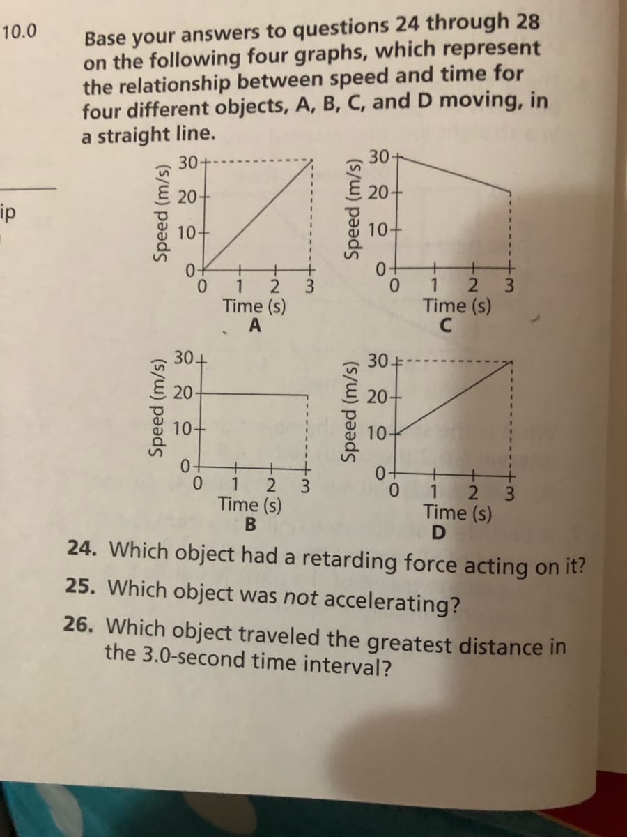 Base your answers to questions 24 through 28
on the following four graphs, which represent
the relationship between speed and time for
four different objects, A, B, C, and D moving, in
a straight line.
10.0
30
30
20
20
ip
10+
10+
0-
+
+
0-
2
3.
Time (s)
1
0.
1
Time (s)
30+
30+
20
20
10+
10
0-
1
Time (s)
+
0.
Time (s)
3.
24. Which object had a retarding force acting on it?
25. Which object was not accelerating?
26. Which object traveled the greatest distance in
the 3.0-second time interval?
Speed (m/s)
Speed (m/s)
Speed (m/s)
Speed (m/s)
