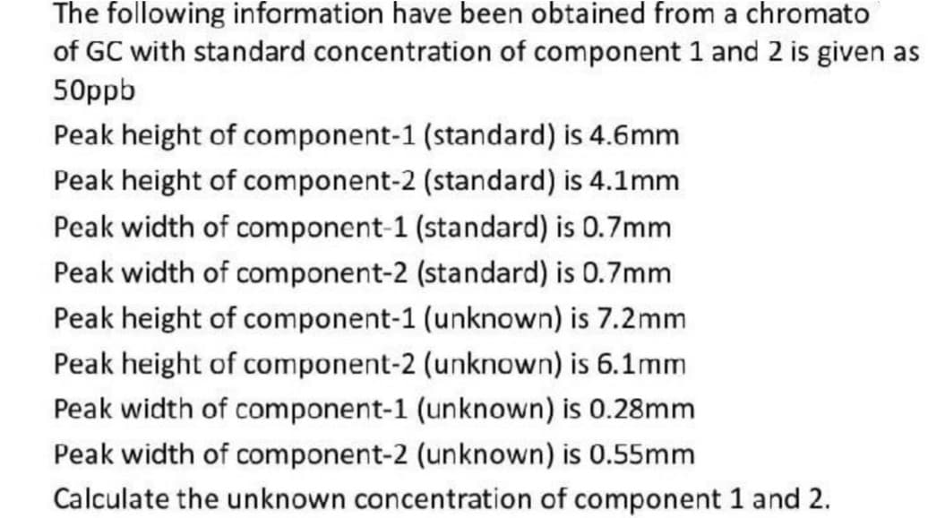 The following information have been obtained from a chromato
of GC with standard concentration of component 1 and 2 is given as
50ppb
Peak height of component-1 (standard) is 4.6mm
Peak height of component-2 (standard) is 4.1mm
Peak width of component-1 (standard) is 0.7mm
Peak width of component-2 (standard) is 0.7mm
Peak height of component-1 (unknown) is 7.2mm
Peak height of component-2 (unknown) is 6.1mm
Peak width of component-1 (unknown) is 0.28mm
Peak width of component-2 (unknown) is 0.55mm
Calculate the unknown concentration of component 1 and 2.

