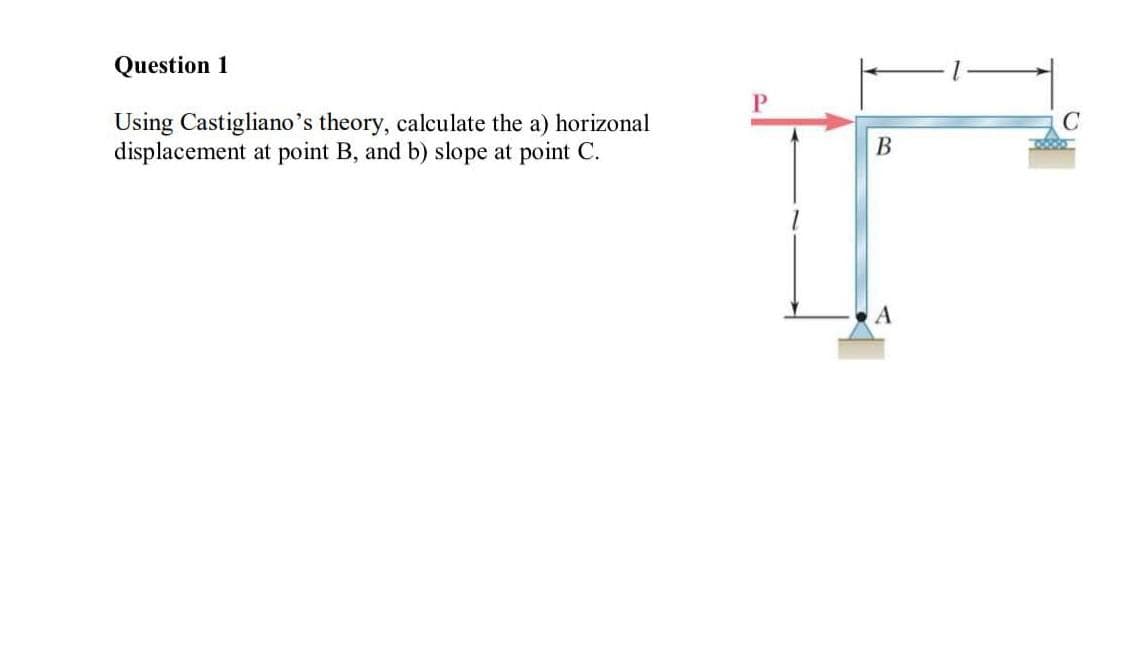 Question 1
Using Castigliano's theory, calculate the a) horizonal
displacement at point B, and b) slope at point C.
B