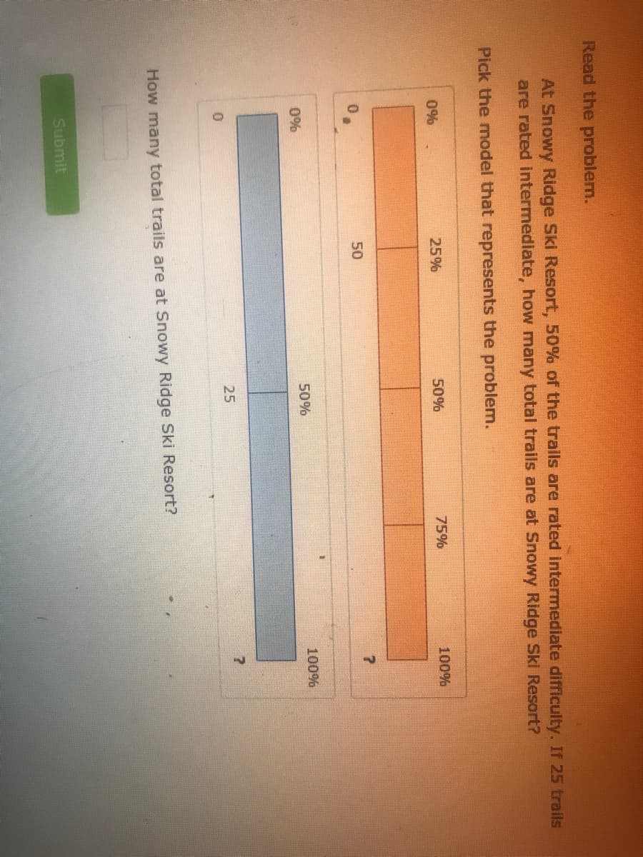 Read the problem.
At Snowy Ridge Ski Resort, 50% of the trails are rated intermediate difficulty. If 25 trails
are rated intermediate, how many total trails are at Snowy Ridge Ski Resort?
Pick the model that represents the problem.
0%
25%
50%
75%
100%
50
50%
100%
0%
25
How many total trails are at Snowy Ridge Ski Resort?
Submit
