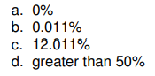 a. 0%
b. 0.011%
c. 12.011%
d. greater than 50%
