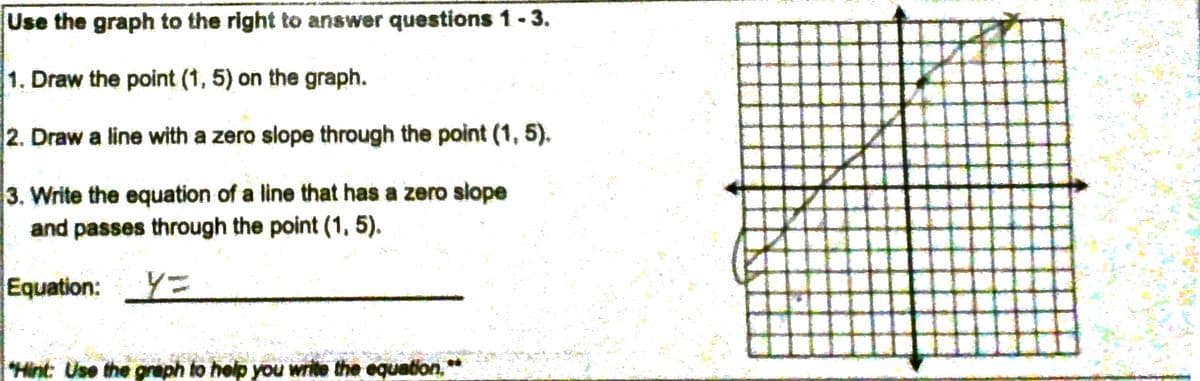 Use the graph to the right to answer questions 1-3.
1. Draw the point (1, 5) on the graph.
2. Draw a line with a zero slope through the point (1, 5).
3. Write the equation of a line that has a zero slope
and passes through the point (1, 5).
Equation: Y=
*Hint: Use the graph to help you write the equation.

