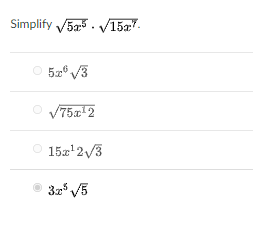 Simplify V5a5. V15a.
O 52 V3
O 7512
15.'2/3
• 32° V5
