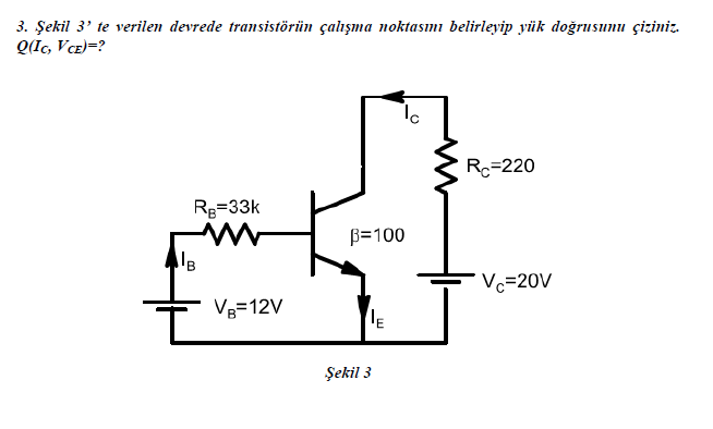 3. Şekil 3' te verilen devrede transistörün çalışma noktasını belirleyip yük doğrusunu çiziniz.
Q(Ic, VCE)=?
R=220
Rg=33k
B=100
*Vc=20V
Vg=12V
Şekil 3
