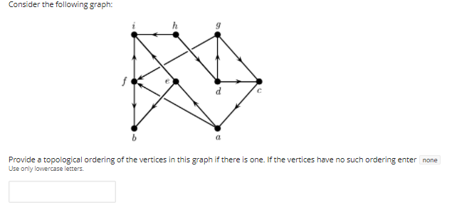 Consider the following graph:
d
Provide a topological ordering of the vertices in this graph if there is one. If the vertices have no such ordering enter none
Use only lowercase letters.
