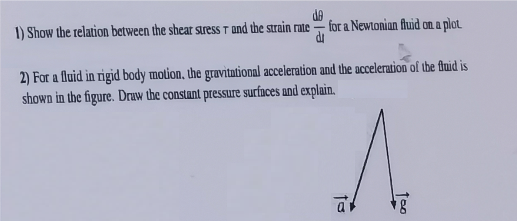 1) Show the relation between the shear stress T and the strain rate
for a Newtonian fluid on a plot.
dr
2) For a fluid in rigid body motion, the gravitational acceleration and the acceleration of the fluid is
shown in the figure. Draw the constant pressure surfaces and explain.
8