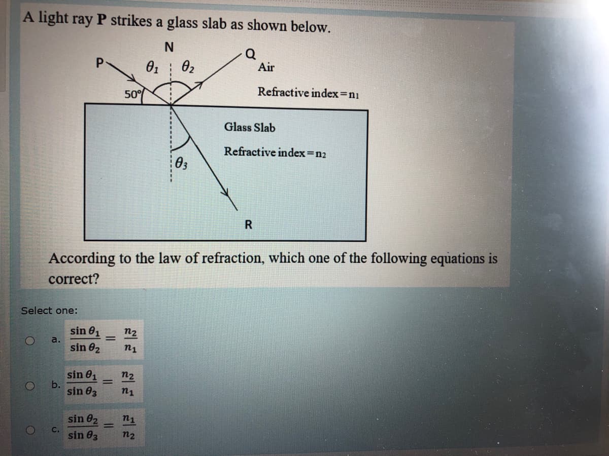 A light ray P strikes a glass slab as shown below.
P.
02 02
Air
50°
Refractive index=n1
Glass Slab
Refractive index=n2
03
R
According to the law of refraction, which one of the following equations is
correct?
Select one:
sin 01
n2
a.
sin 02
n1
sin 01
b.
sin 03
n2
n1
sin 02
n1
C.
sin 03
n2
