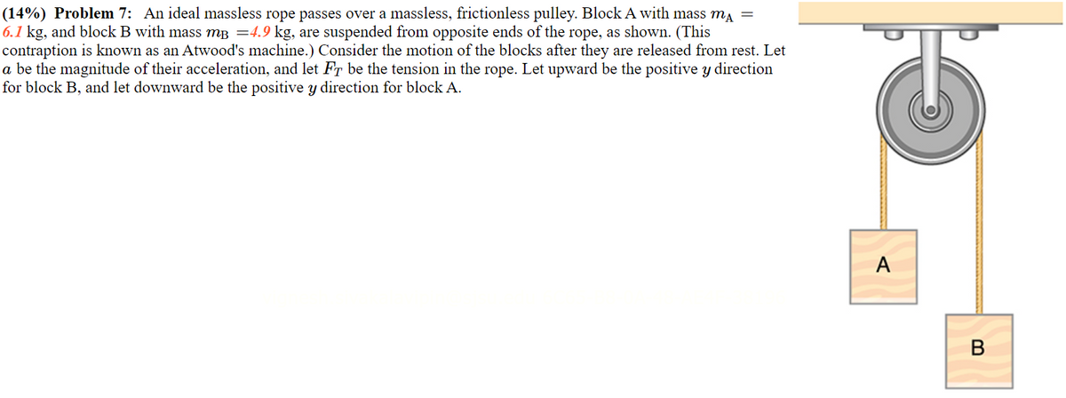 (14%) Problem 7: An ideal massless rope passes over a massless, frictionless pulley. Block A with mass mÃ =
6.1 kg, and block B with mass m³ =4.9 kg, are suspended from opposite ends of the rope, as shown. (This
contraption is known as an Atwood's machine.) Consider the motion of the blocks after they are released from rest. Let
a be the magnitude of their acceleration, and let FÃ be the tension in the rope. Let upward be the positive y direction
for block B, and let downward be the positive y direction for block A.
A
B