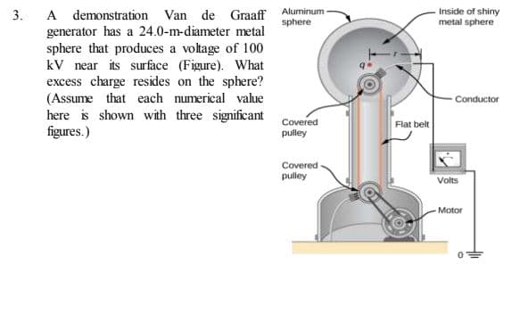 A demonstration Van de Graaff
generator has a 24.0-m-diameter metal
sphere that produces a voltage of 100
kV near its surface (Figure). What
excess charge resides on the sphere?
(Assume that each numerical value
here is shown with three significant
figures.)
Aluminum
3.
Inside of shiny
metal sphere
sphere
Conductor
Covered
Flat belt
pulley
Covered
pulley
Volts
Motor
