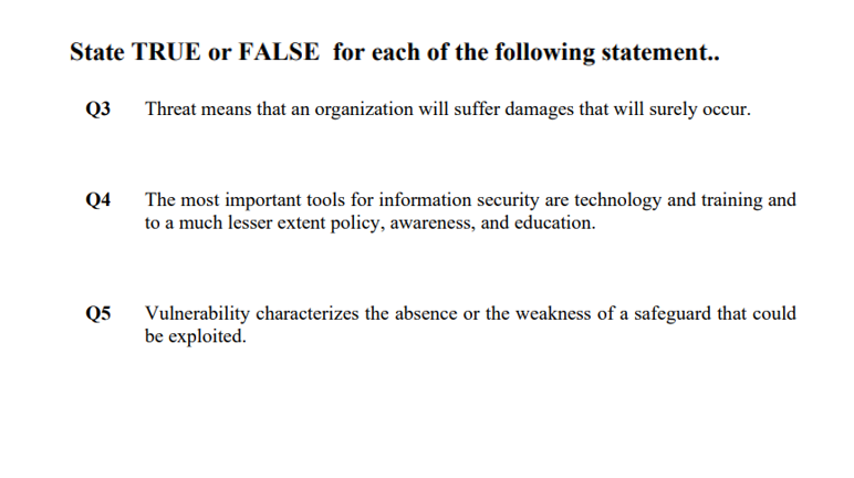 State TRUE or FALSE for each of the following statement..
Q3
Threat means that an organization will suffer damages that will surely occur.
Q4
The most important tools for information security are technology and training and
to a much lesser extent policy, awareness, and education.
Vulnerability characterizes the absence or the weakness of a safeguard that could
be exploited.
Q5
