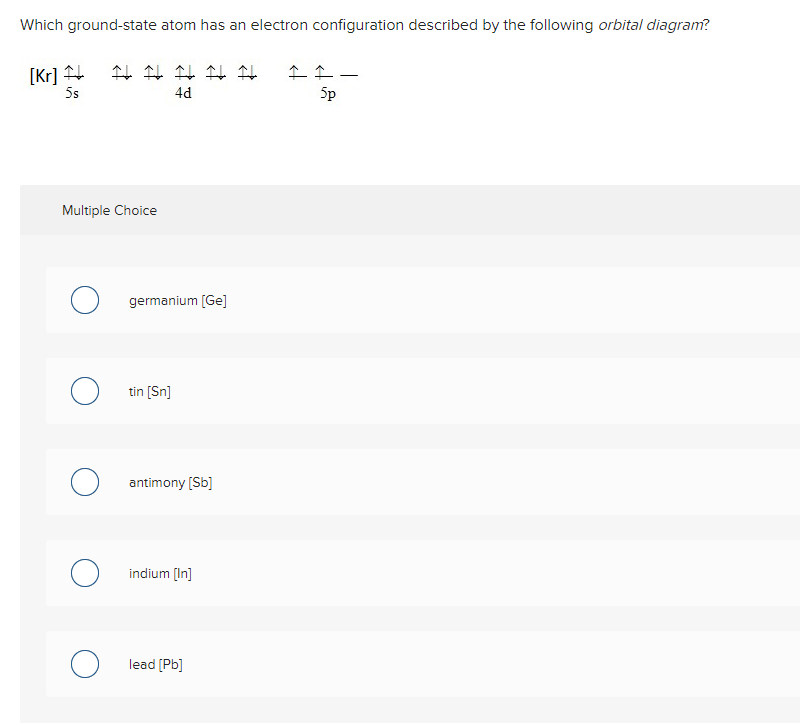 Which ground-state atom has an electron configuration described by the following orbital diagram?
-
5s
4d
5p
Multiple Choice
germanium [Ge]
tin [Sn]
antimony (Sb]
indium (In]
lead (Pb]
