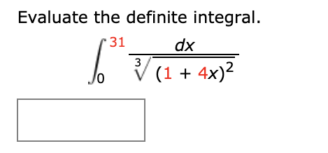 Evaluate the definite integral.
31
dx
3
(1 + 4x)²
