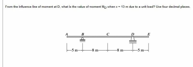 From the influence line of moment at D, what is the value of moment Mp when x = 13 m due to a unit load? Use four decimal places.
E
B
-5 m-
-8 m-
-8 m-
-5 m-
