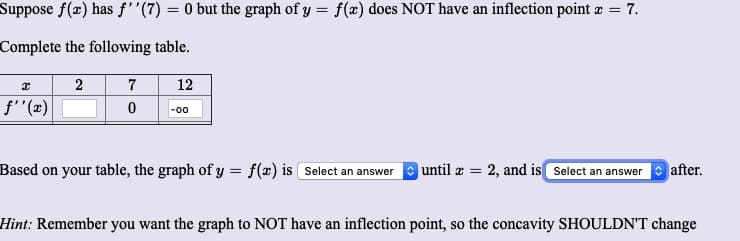 Suppose f(x) has f"(7) = 0 but the graph of y = f(x) does NOT have an inflection point æ = 7.
%3D
Complete the following table.
2
12
f'"(x)
Based on your table, the graph of y = f(x) is Select an answer until æ = 2, and is Select an answer
after.
Hint: Remember you want the graph to NOT have an inflection point, so the concavity SHOULDN'T change
