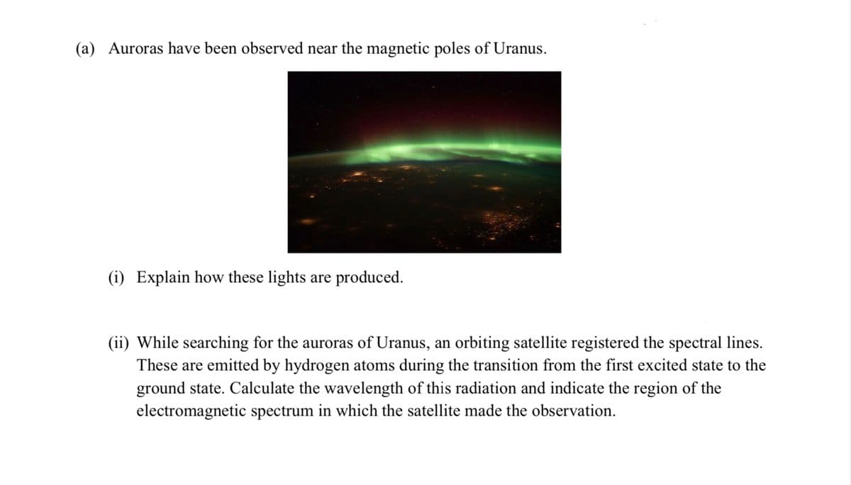 (a) Auroras have been observed near the magnetic poles of Uranus.
(i) Explain how these lights are produced.
(ii) While searching for the auroras of Uranus, an orbiting satellite registered the spectral lines.
These are emitted by hydrogen atoms during the transition from the first excited state to the
ground state. Calculate the wavelength of this radiation and indicate the region of the
electromagnetic spectrum in which the satellite made the observation.