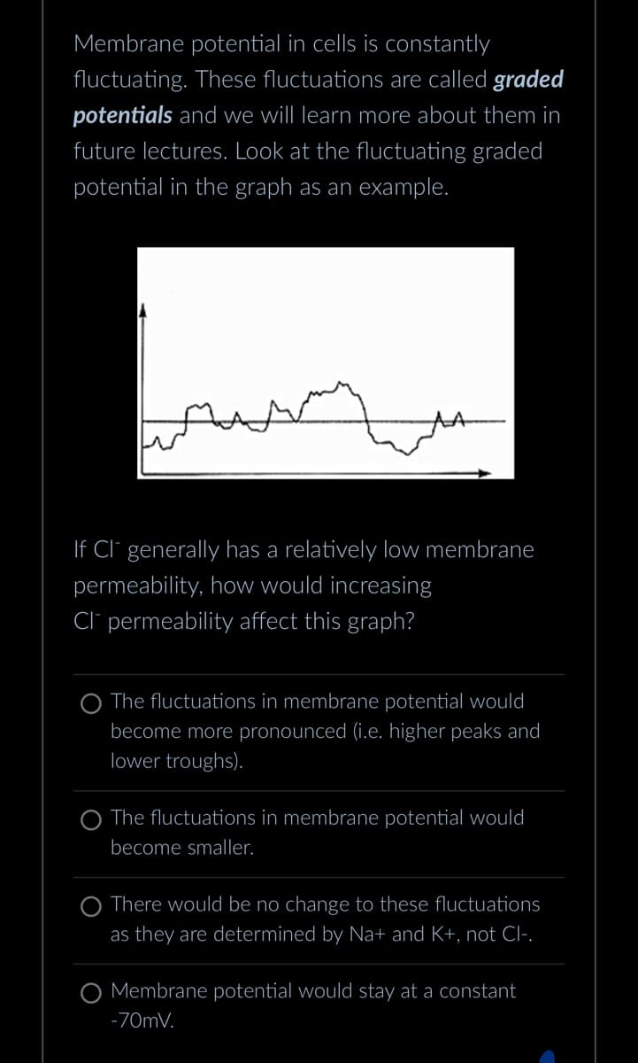 Membrane potential in cells is constantly
fluctuating. These fluctuations are called graded
potentials and we will learn more about them in
future lectures. Look at the fluctuating graded
potential in the graph as an example.
سمت مسجد
If Cl generally has a relatively low membrane
permeability, how would increasing
CI permeability affect this graph?
The fluctuations in membrane potential would
become more pronounced (i.e. higher peaks and
lower troughs).
The fluctuations in membrane potential would
become smaller.
There would be no change to these fluctuations
as they are determined by Na+ and K+, not Cl-.
Membrane potential would stay at a constant
-70mV.