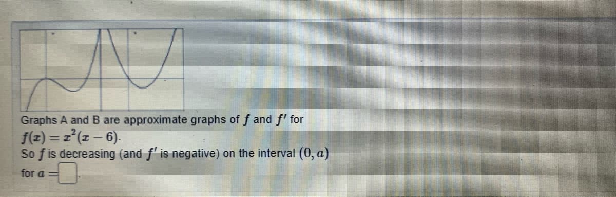 Graphs A and B are approximate graphs of f and f' for
f(z) = z (z – 6).
So f is decreasing (and fis negative) on the interval (0, a)
for a =
