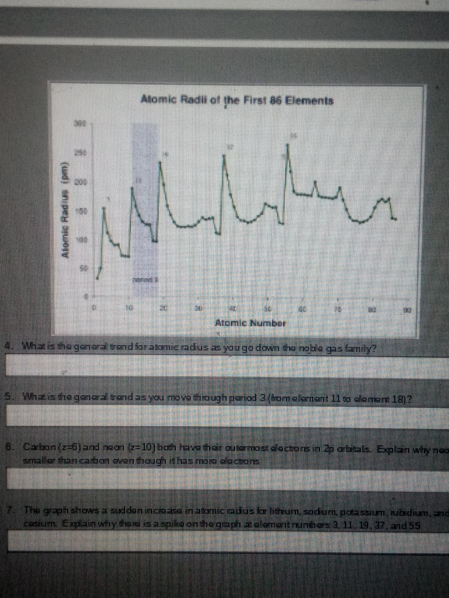 Alomic Radii of the First 86 Elements
Atomic Numnber
4. Whzistagenora rond foratomic radus as you qo down tho noble gas tamily?
5. Whzisho ganaral trand as you movo through periad 3(om alamant 11 sa domom 183
16.
Carbon(z-6]and noan z=10j boh havo har ausermosdacors in 2b arbitals. Eplan winy noo
mallor than carbon ovon though ithasmaro olactons
7. The graph shows a suddan inceasa in atomicradus lor lithunm sadum, aotassium, nubidium, and
casium. Explain why than isaspike ontho graph at alamantnumbas 3,11. 19.37.and 5
Alomic Radius (pm)
