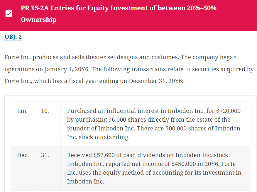 PR 15-2A Entries for Equity Investment of between 20%-50%
Ownership
OBJ. 2
Forte Inc. produces and sells theater set designs and costumes. The company began
operations on January 1, 20Y6. The following transactions relate to securities acquired by
Forte Inc., which has a fiscal year ending on December 31, 20Y6:
Jan. 10.
Dec.
31.
Purchased an influential interest in Imboden Inc. for $720,000
by purchasing 96,000 shares directly from the estate of the
founder of Imboden Inc. There are 300,000 shares of Imboden
Inc. stock outstanding.
Received $57,600 of cash dividends on Imboden Inc. stock.
Imboden Inc. reported net income of $450,000 in 20Y6. Forte
Inc. uses the equity method of accounting for its investment in
Imboden Inc.