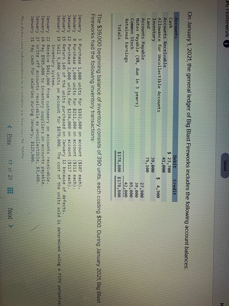 #6 Homeworki
Saved
On January 1, 2021, the general ledger of Big Blast Fireworks includes the following account balances:
Accounts
Debit
Credit
Cash
Accounts Receivable
Allowance for Uncollectible Accounts
Inventory
$ 23,700
41,000
2$
39,000
75,100
4,900
Land
Accounts Payable
Notes Payable (8%, due in 3 years)
Common Stock
Retained Earnings
27,900
39,000
65,000
42,000
Totals
$178,800 $178,800
The $39,000 beginning balance of inventory consists of 390 units, each costing $100. During January 2021, Big Blast
Fireworks had the following inventory transactions:
3 Purchase 1,800 units for $192, 600 on account ($107 each).
8 Purchase 1,900 units for $212,800 on account ($112 each).
January
January
January 12 Purchase 2,000 units for $234,000 on account ($117 each).
January 15 Return 145 of the units purchased on January 12 because of defects.
January 19 Sell 5,800 units on account for $870, 000. The cost of the units sold is determined using a FIFO perpetua.
inventory system.
January 22 Receive $841,000 from customers on accounts receivable.
January 24 Pay $585,000 to inventory suppliers on accounts payable.
January 27 Write off accounts receivable as uncollectible, $3,400.
January 31 Pay cash for salaries during January, $123,000.
Tha foll in
< Prev
17 of 21
Next >
