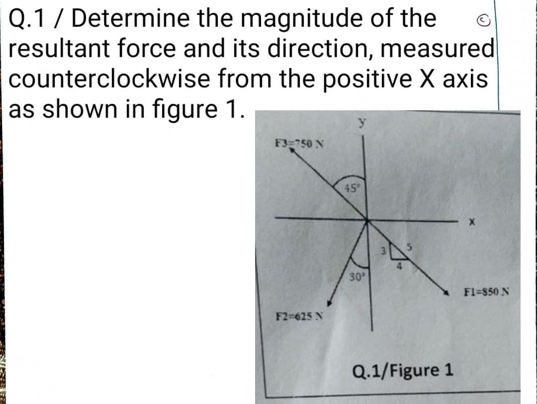 Q.1 / Determine the magnitude of the
resultant force and its direction, measured
counterclockwise from the positive X axis
as shown in figure 1.
F3 750 N
45
30
Fl=850 N
F2-625 N
Q.1/Figure 1

