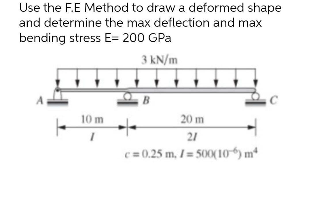 Use the F.E Method to draw a deformed shape
and determine the max deflection and max
bending stress E= 200 GPa
3 kN/m
C
10 m
20 m
21
c = 0.25 m, I = 500(10-6) mª
