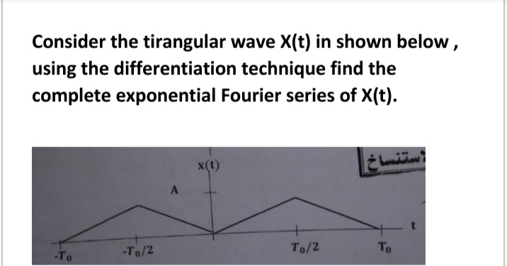 Consider the tirangular wave X(t) in shown below,
using the differentiation technique find the
complete exponential Fourier series of X(t).
x(t)
+
To/2
-To
-To/2
To
