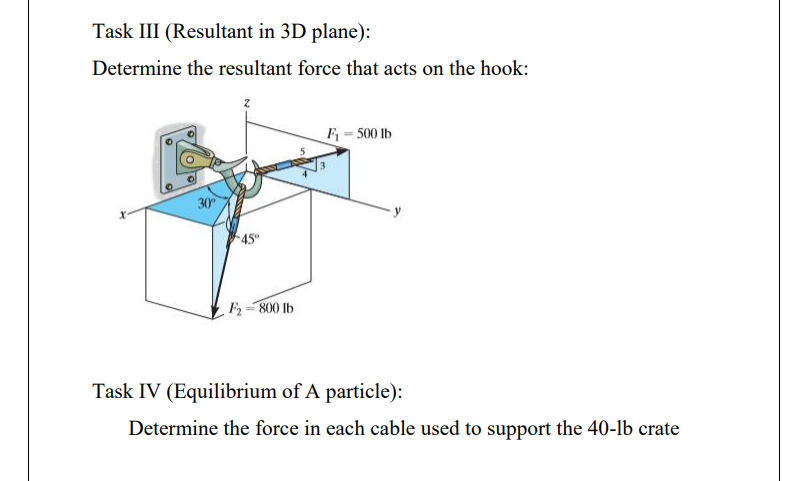 Determine the resultant force that acts on the hook:
F= 500 lb
30
45
F2-800 lb
