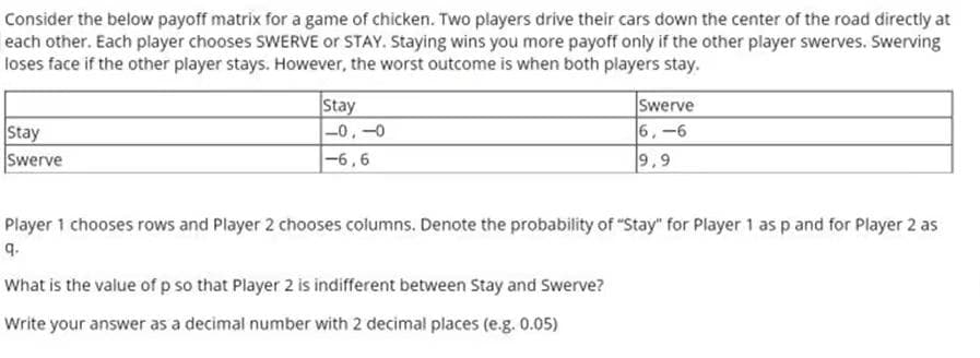 Consider the below payoff matrix for a game of chicken. Two players drive their cars down the center of the road directly at
each other. Each player chooses SWERVE or STAY. Staying wins you more payoff only if the other player swerves. Swerving
loses face if the other player stays. However, the worst outcome is when both players stay.
Stay
Swerve
Stay
-0,-0
-6,6
Swerve
6,-6
9,9
Player 1 chooses rows and Player 2 chooses columns. Denote the probability of "Stay" for Player 1 as p and for Player 2 as
9.
What is the value of p so that Player 2 is indifferent between Stay and Swerve?
Write your answer as a decimal number with 2 decimal places (e.g. 0.05)