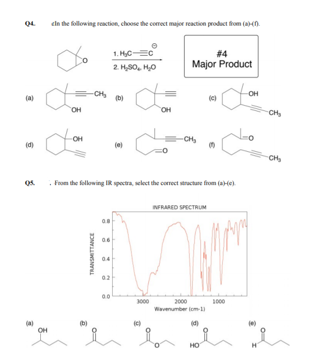 Q4.
eln the following reaction, choose the correct major reaction product from (a)-(f).
1. H3CEC
#4
2. H2SO4, H2O
Major Product
-CH3
(b)
-OH
(a)
(c)
-CH3
OH
=CH,
(d)
(e)
(1)
CH3
Q5.
· From the following IR spectra, select the correct structure from (a)-(e).
INFRARED SPECTRUM
0.8
0.6
0.4
0.2
0.0
3000
2000
1000
Wavenumber (cm-1)
(a)
OH
(b)
(c)
(d)
но
TRANSMITTANCE
