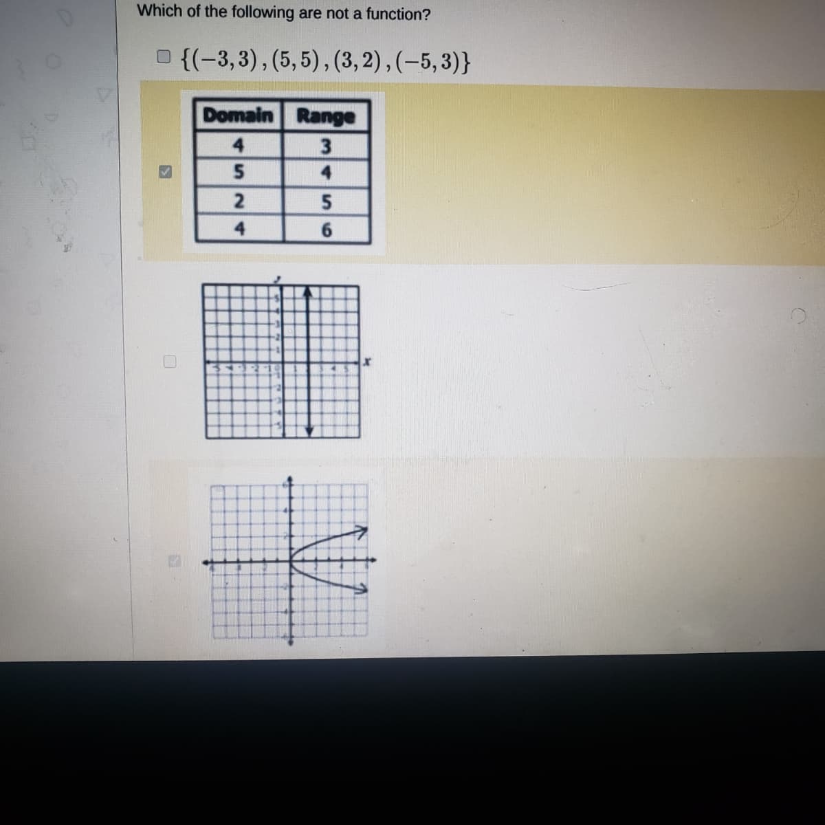 Which of the following are not a function?
O {(-3,3), (5, 5), (3,2),(-5,3)}
Domain Range
4
4.
S24
