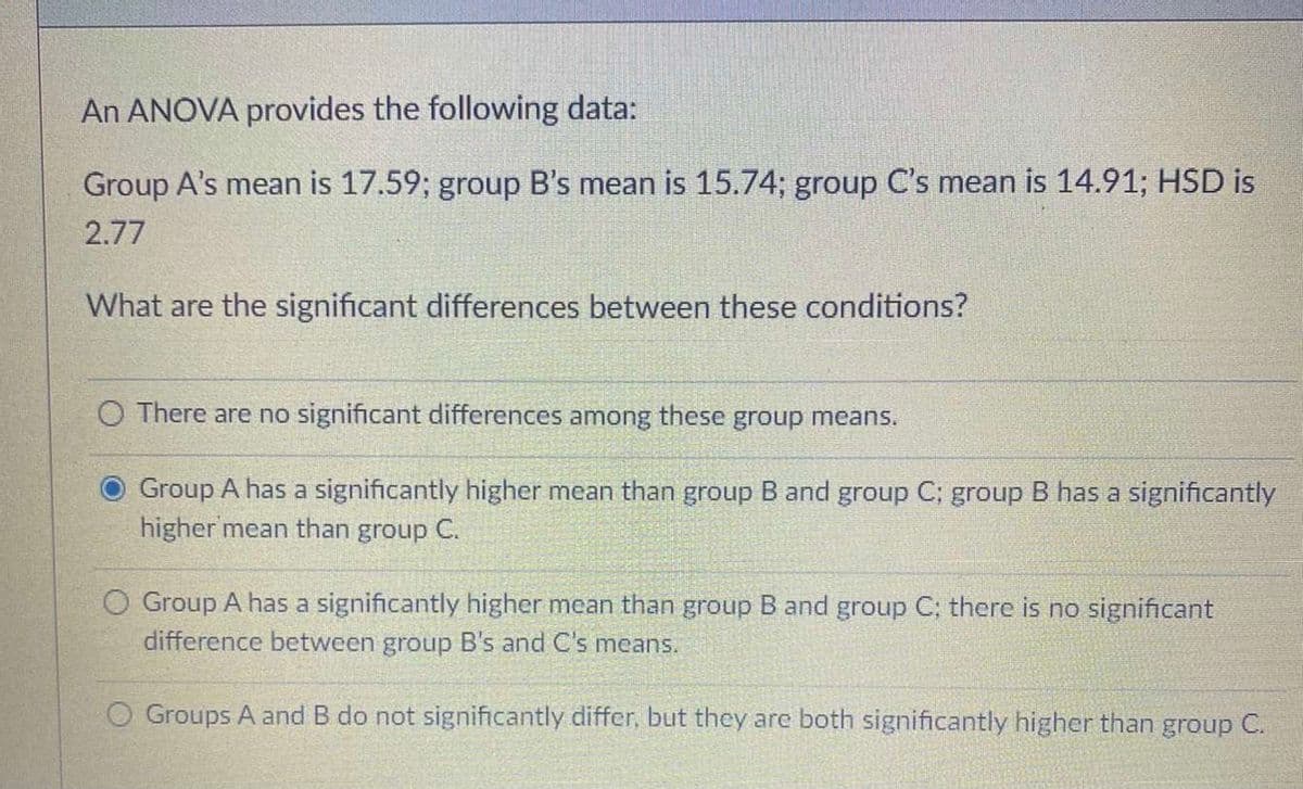 An ANOVA provides the following data:
Group A's mean is 17.59; group B's mean is 15.74; group C's mean is 14.91; HSD is
2.77
What are the significant differences between these conditions?
O There are no significant differences among these group means.
Group A has a significantly higher mean than group B and group C; group B has a significantly
higher mean than group C.
O Group A has a significantly higher mean than group B and group C; there is no significant
difference between group B's and C's means.
O Groups A and B do not significantly differ, but they are both significantly higher than group C.
