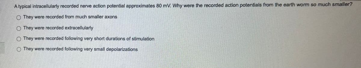 A typical intracellularly recorded nerve action potential approximates 80 mV. Why were the recorded action potentials from the earth worm so much smaller?
They were recorded from much smaller axons
They were recorded extracellularly
They were recorded following very short durations of stimulation
They were recorded following very small depolarizations