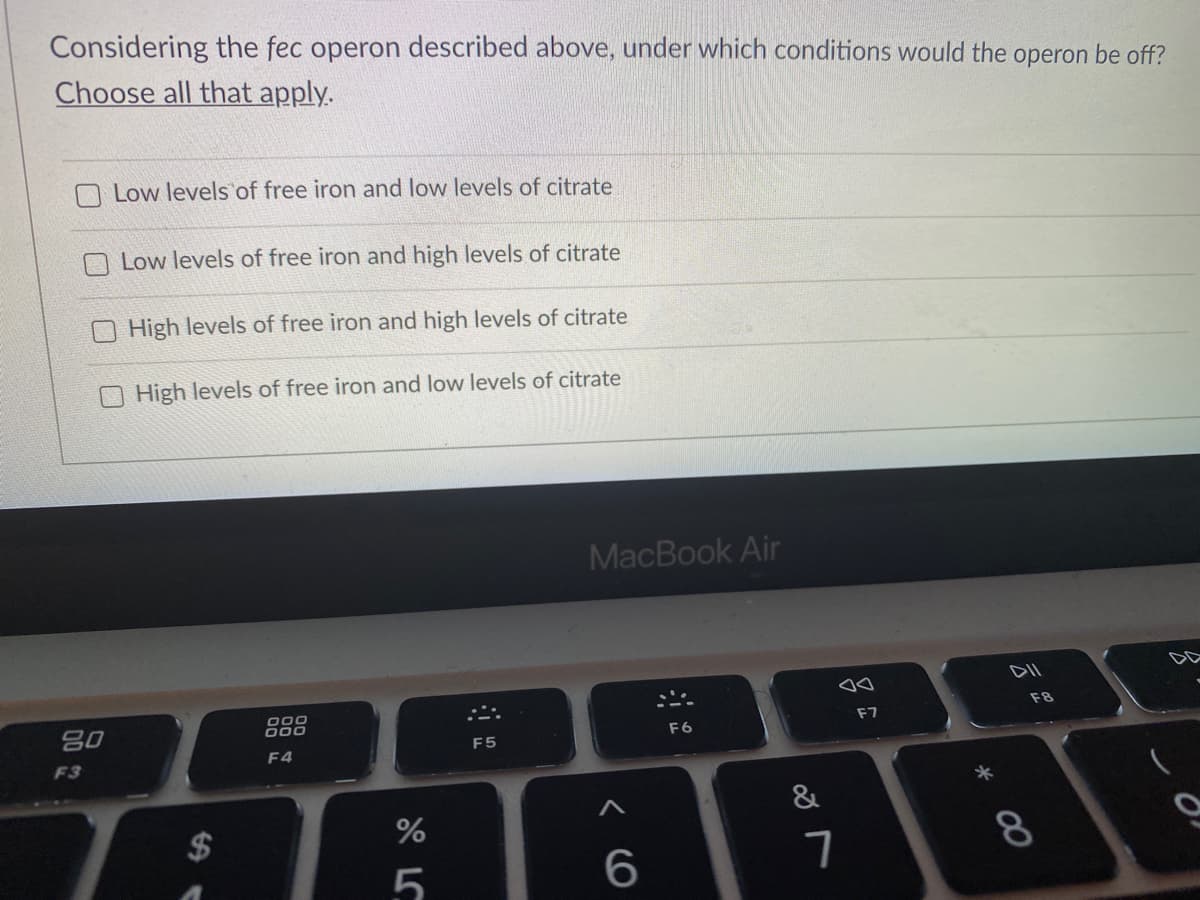 Considering the fec operon described above, under which conditions would the operon be off?
Choose all that apply.
O Low levels of free iron and low levels of citrate
Low levels of free iron and high levels of citrate
O High levels of free iron and high levels of citrate
High levels of free iron and low levels of citrate
MacBook Air
DD
000
80
F8
F7
F6
F5
F3
F4
&
$
8.
5.
* 00
< CO
