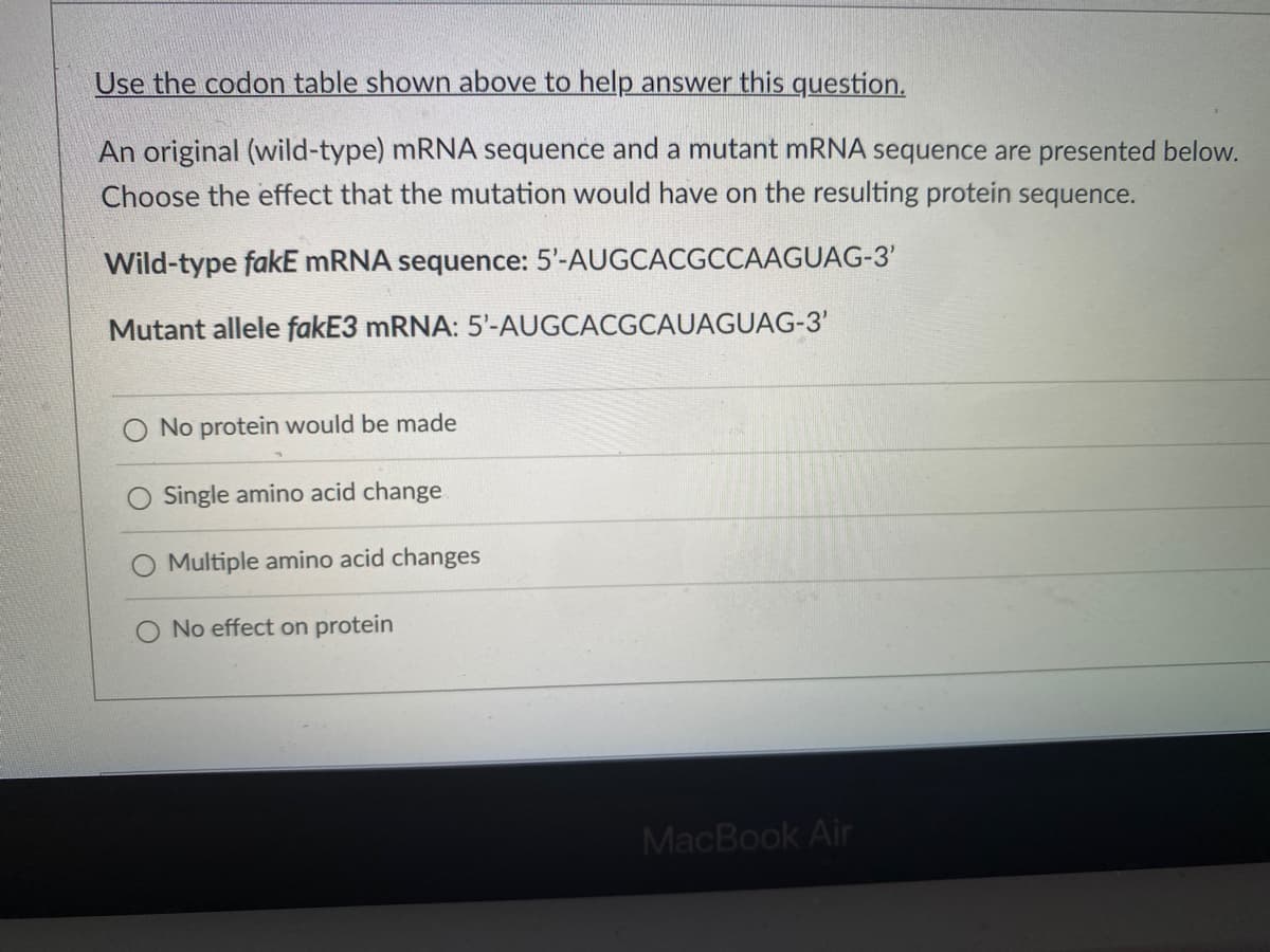 Use the codon table shown above to help answer this question.
An original (wild-type) MRNA sequence and a mutant mRNA sequence are presented below.
Choose the effect that the mutation would have on the resulting protein sequence.
Wild-type fakE MRNA sequence: 5'-AUGCACGCCAAGUAG-3'
Mutant allele fakE3 MRNA: 5'-AUGCACGCAUAGUAG-3'
No protein would be made
Single amino acid change
O Multiple amino acid changes
No effect on protein
MacBook Air

