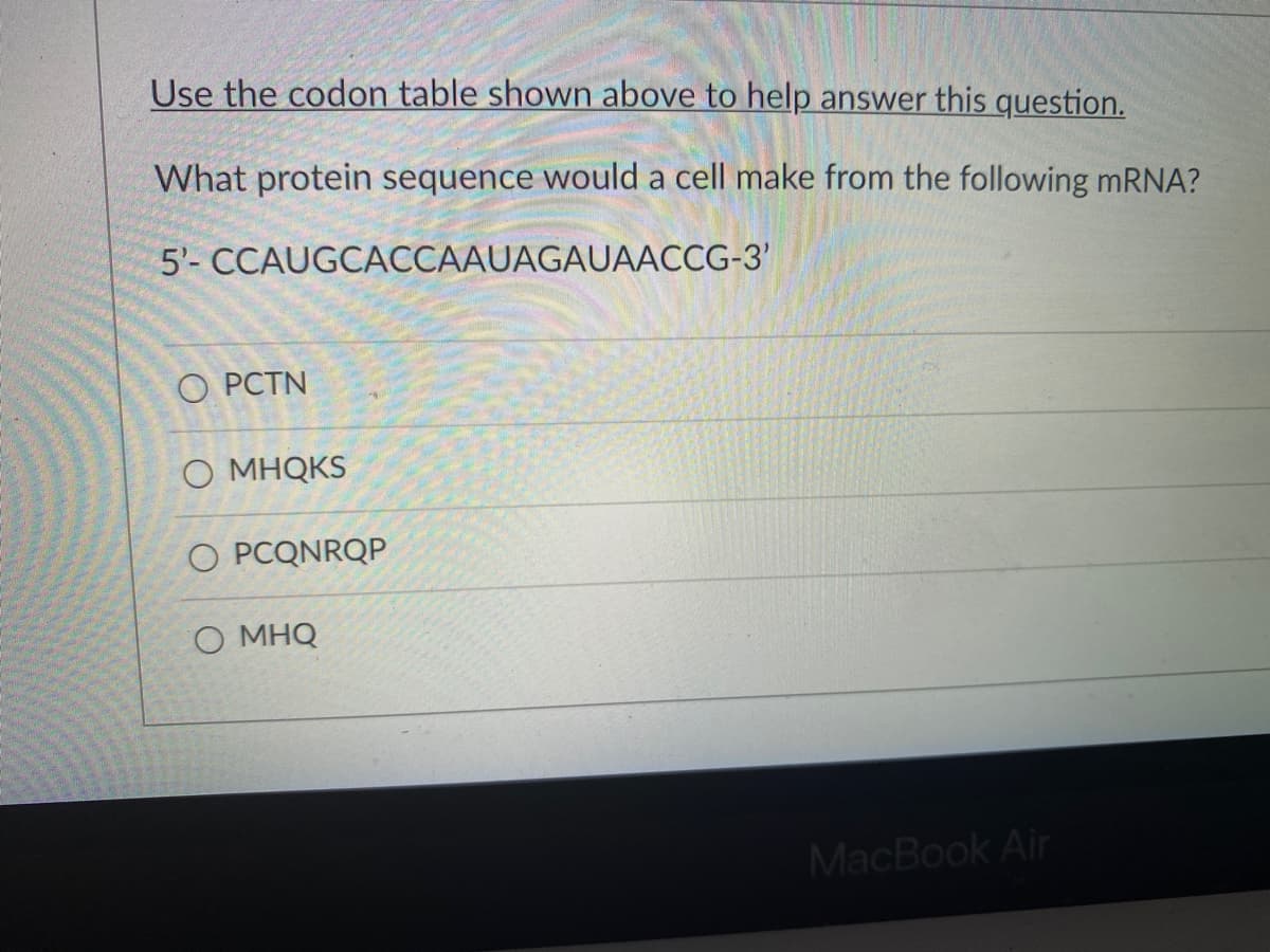 Use the codon table shown above to help answer this question.
What protein sequence would a cell make from the following mRNA?
5'- CCAUGCACCAAUAGAUAACCG-3'
О РСTN
о мноKS
O PCQNRQP
О мно
MacBook Air
