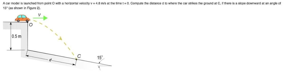 A car model is launched from point O with a horizontal velocity v = 4.8 m/s at the time t= 0. Compute the distance d to where the car strikes the ground at C, if there is a slope downward at an angle of
15° (as shown in Figure 2).
0.5 m
C
15°
d-
