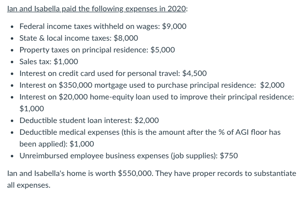 lan and Isabella paid the following expenses in 2020:
• Federal income taxes withheld on wages: $9,000
• State & local income taxes: $8,000
• Property taxes on principal residence: $5,000
• Sales tax: $1,000
• Interest on credit card used for personal travel: $4,500
• Interest on $350,000 mortgage used to purchase principal residence: $2,000
• Interest on $20,000 home-equity loan used to improve their principal residence:
$1,000
• Deductible student loan interest: $2,000
• Deductible medical expenses (this is the amount after the % of AGI floor has
been applied): $1,000
• Unreimbursed employee business expenses (job supplies): $750
lan and Isabella's home is worth $550,000. They have proper records to substantiate
all expenses.
