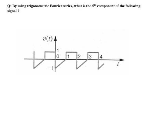 Q: By using trigonometric Fourier series, what is the 5th component of the following
signal ?
v(t) A
1
1
2
3 4
