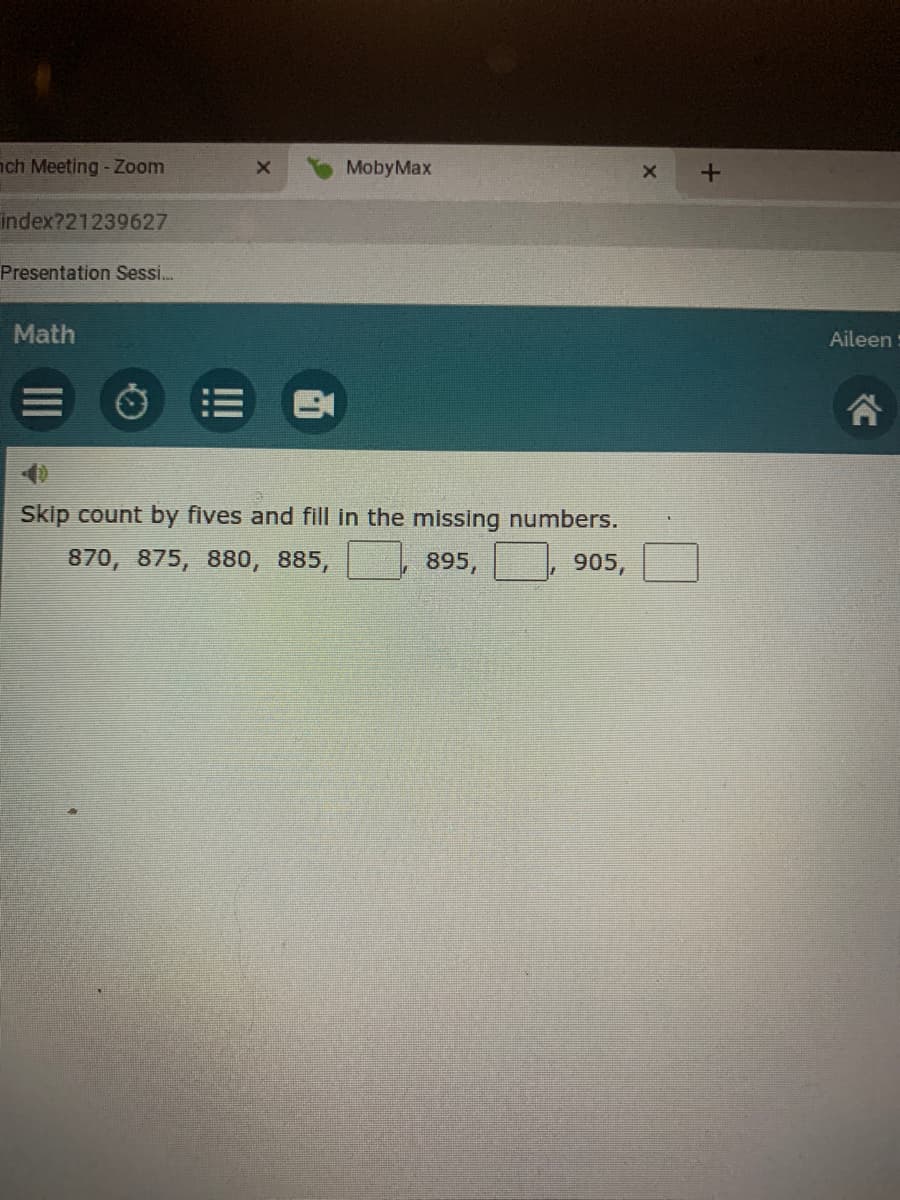 Skip count by fives and fill in the missing numbers.
905,
895,
870, 875, 880, 885,
