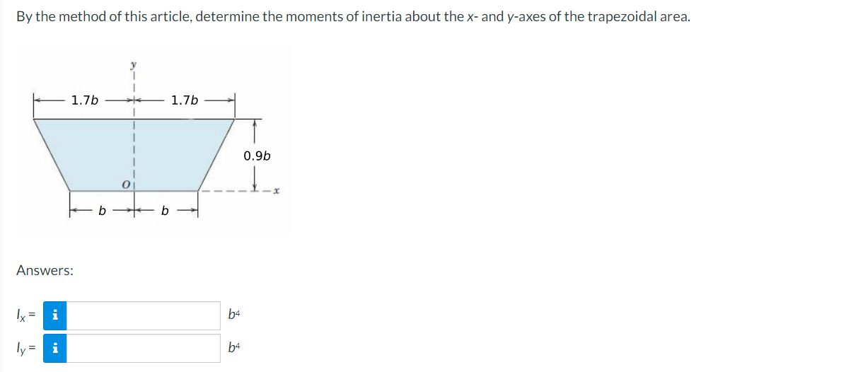 By the method of this article, determine the moments of inertia about the x- and y-axes of the trapezoidal area.
1.7b
1.7b
0.9b
Answers:
Ix =
i
b4
i
b4
