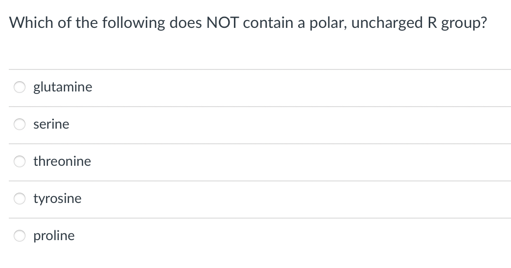 Which of the following does NOT contain a polar, uncharged R group?
glutamine
serine
threonine
tyrosine
proline
