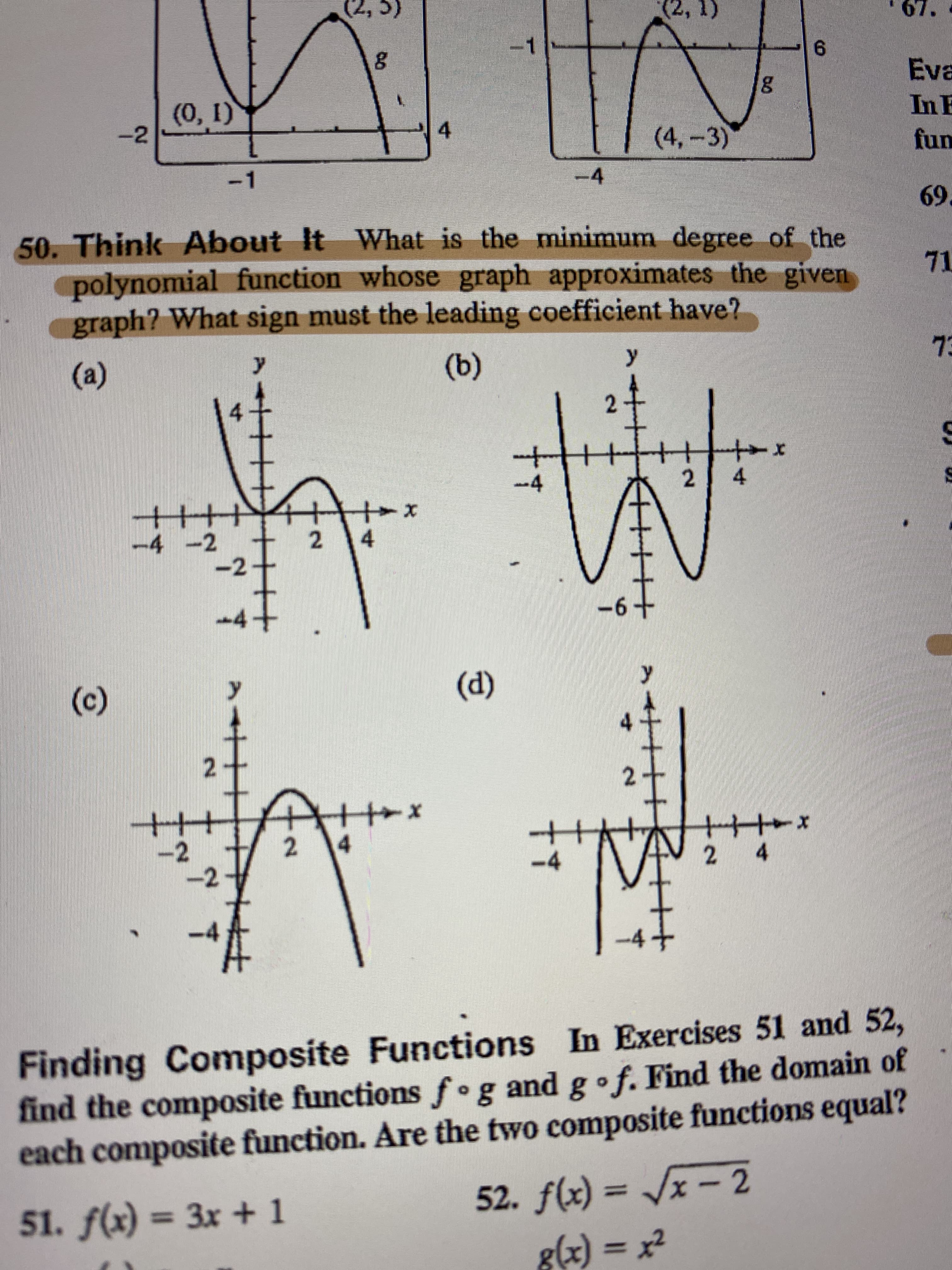 Think About It WVhat is the minimum degree of the
polynomial function whose graph approximates the given
graph? What sign must the leading coefficient have?
