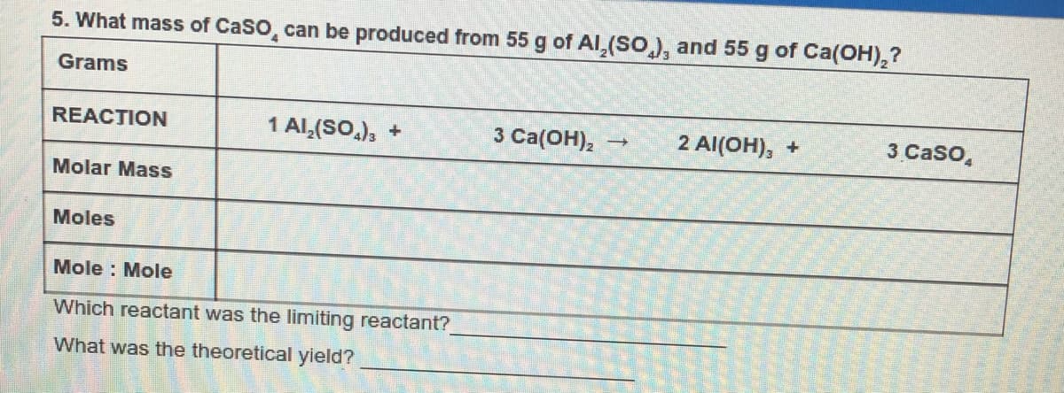 5. What mass of CaSO, can be produced from 55 g of Al,(SO,), and 55 g of Ca(OH),?
Grams
REACTION
1 Al,(SO,), +
3 Ca(OH),
2 Al(OH), +
3 Caso,
Molar Mass
Moles
Mole : Mole
Which reactant was the limiting reactant?
What was the theoretical yield?
